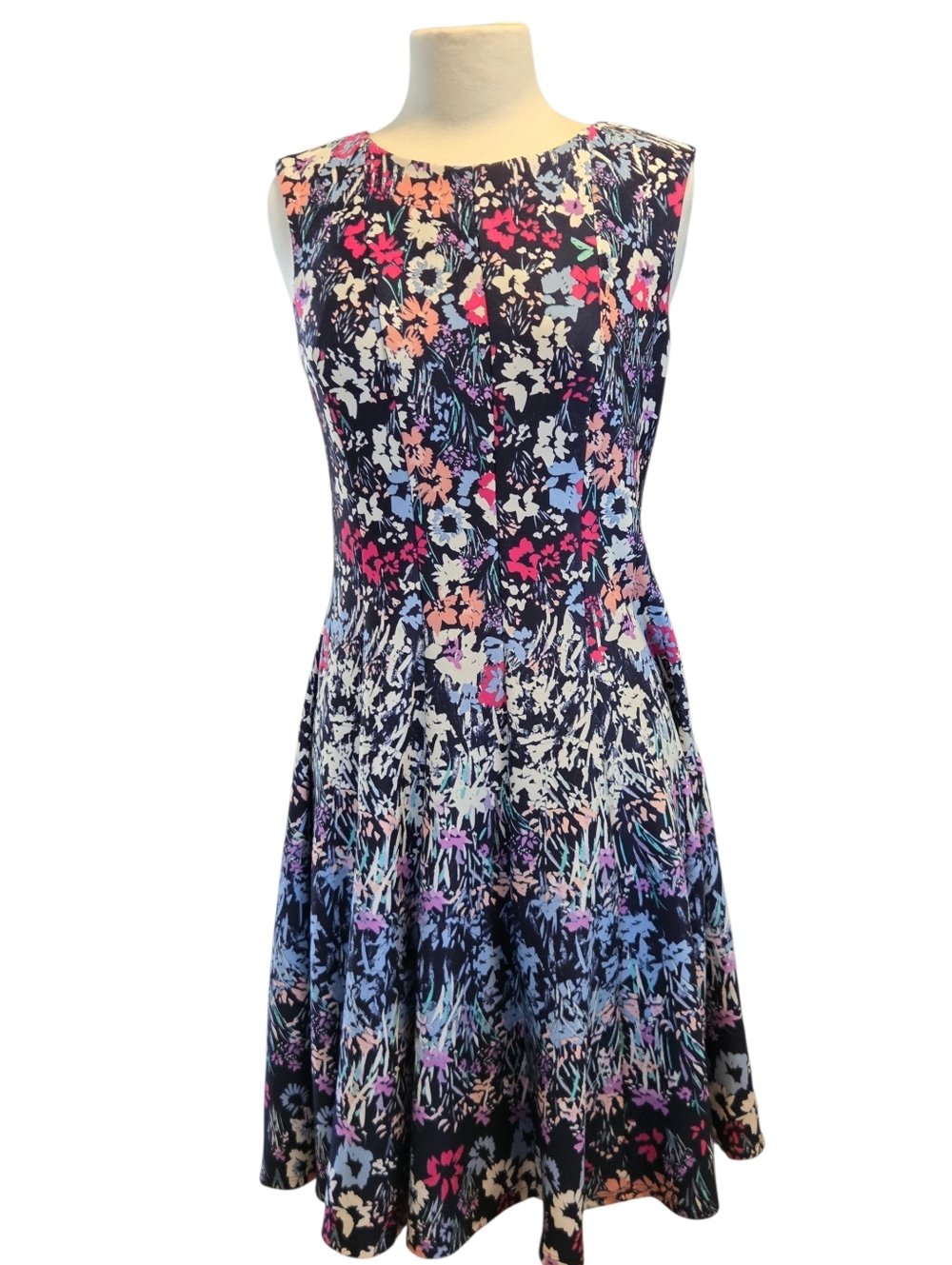 Roz And Ali Floral Fit-and-Flare Sleeveless Dress in Navy Multi Size 8